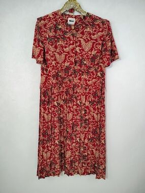 Vintage 80s Leslie Fay Women's Red Floral Midi Dress Sz 14 Secretary Volup Plus
